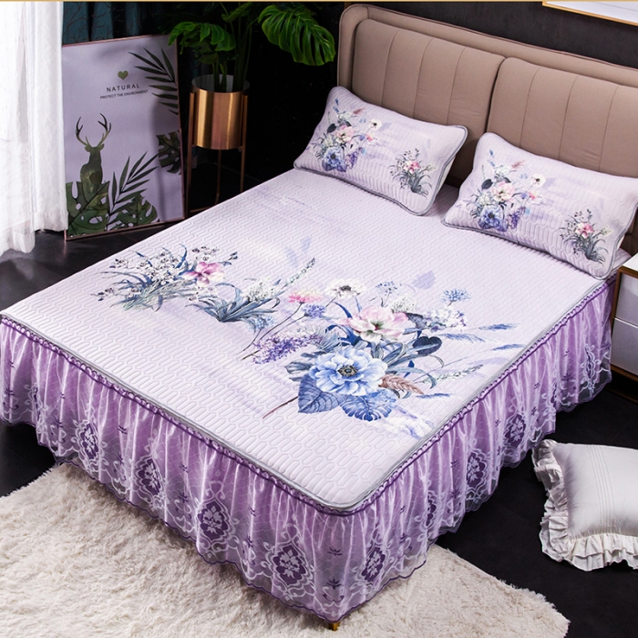 91家纺网 家纺一手货源 找家纺 纽缦 2020新款乳胶大版花凉席可拆卸床裙三件套 花溪-紫