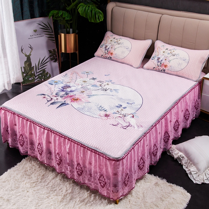 91家纺网 家纺一手货源 找家纺 纽缦 2020新款乳胶大版花凉席可拆卸床裙三件套 静月思