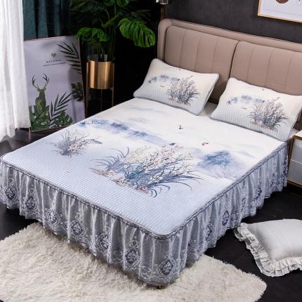 91家纺网 家纺一手货源 找家纺 纽缦 2020新款乳胶大版花凉席可拆卸床裙三件套 兰花草-蓝