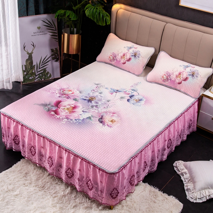 91家纺网 家纺一手货源 找家纺 纽缦 2020新款乳胶大版花凉席可拆卸床裙三件套 牡丹之恋