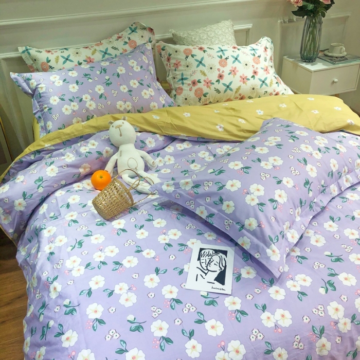 91家纺网 家纺一手货源 找家纺 润缦 2020新款13070全棉四件套 浪漫花儿 紫