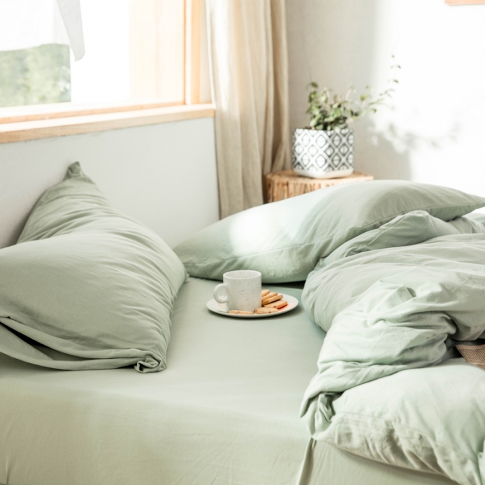 91家纺网 家纺一手货源 找家纺 华超针织 2021新款针织纯色四件套 豆绿