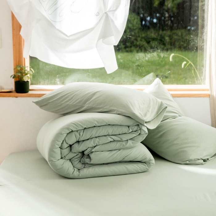 91家纺网 家纺一手货源 找家纺 华超针织 2021新款针织纯色四件套 豆绿