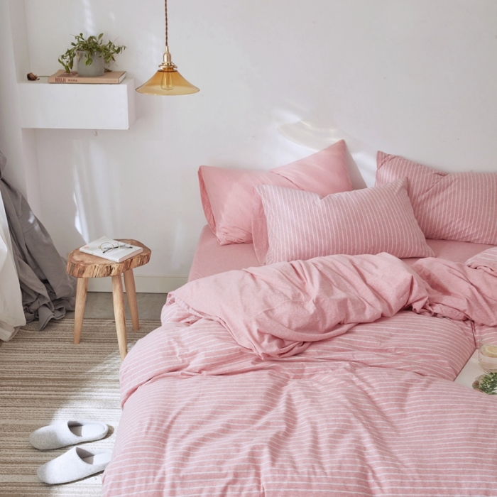 91家纺网 家纺一手货源 找家纺 华超针织 2021新款针织四件套 混粉细条