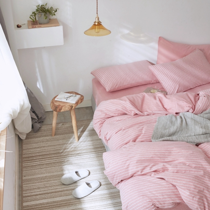 91家纺网 家纺一手货源 找家纺 华超针织 2021新款针织四件套 混粉细条