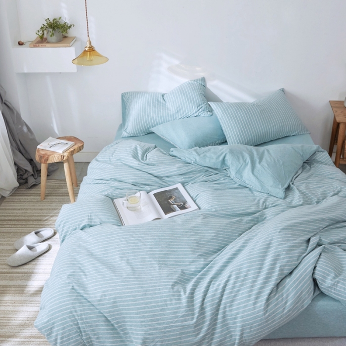 91家纺网 家纺一手货源 找家纺 华超针织 2021新款针织四件套 蓝白细条