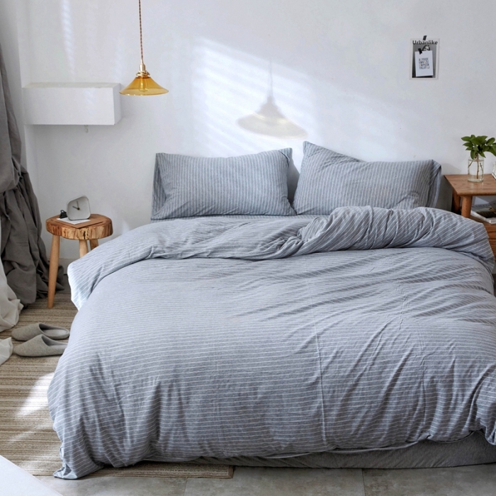 91家纺网 家纺一手货源 找家纺 华超针织 2021新款针织四件套 麻灰细条