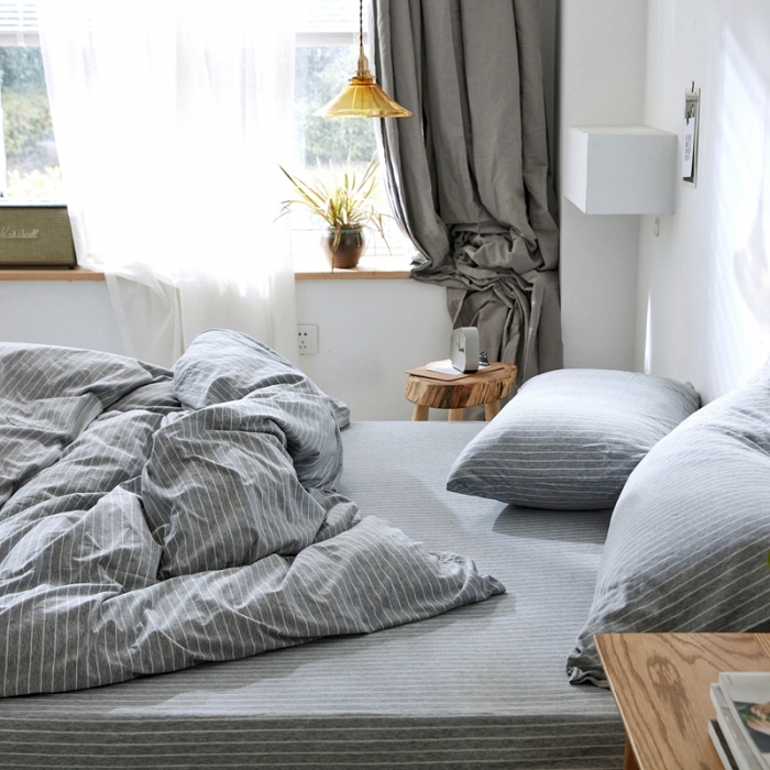 91家纺网 家纺一手货源 找家纺 华超针织 2021新款针织四件套 麻灰细条