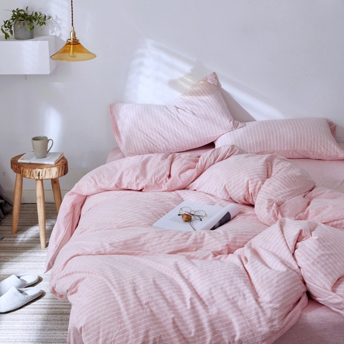 91家纺网 家纺一手货源 找家纺 华超针织 2021新款针织四件套 蜜粉细条