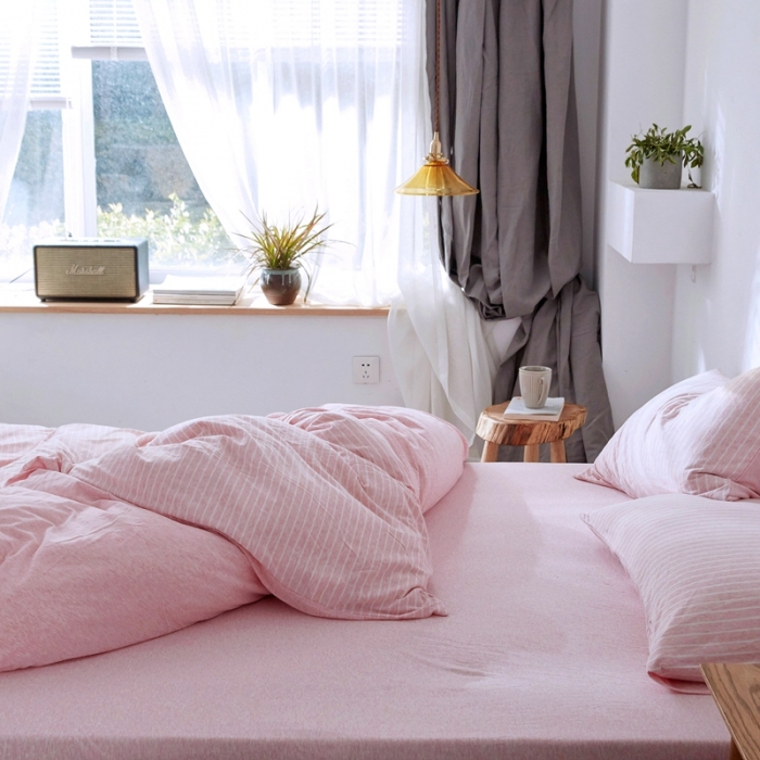 91家纺网 家纺一手货源 找家纺 华超针织 2021新款针织四件套 蜜粉细条