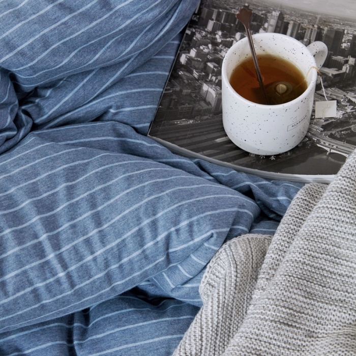 91家纺网 家纺一手货源 找家纺 华超针织 2021新款针织四件套 牛仔蓝细条