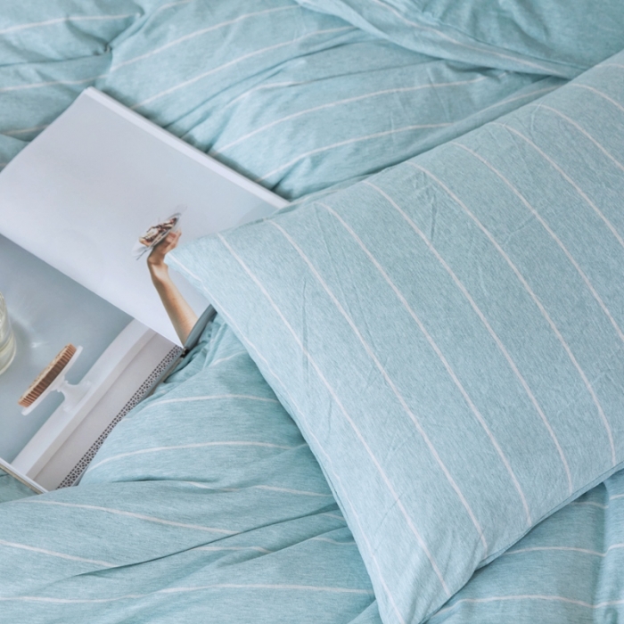 91家纺网 家纺一手货源 找家纺 华超针织 2021新款针织四件套 水蓝宽条