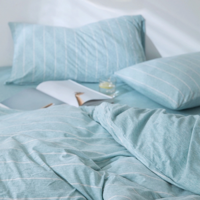 91家纺网 家纺一手货源 找家纺 华超针织 2021新款针织四件套 水蓝宽条