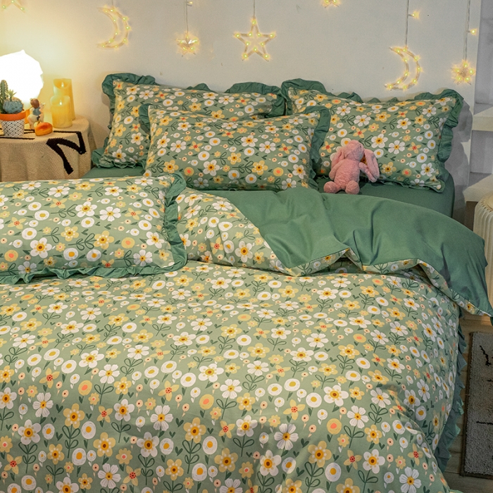 91家纺网 家纺一手货源 找家纺 琪格格 2022新款工艺款裙边全棉印花四件套 花艺绿