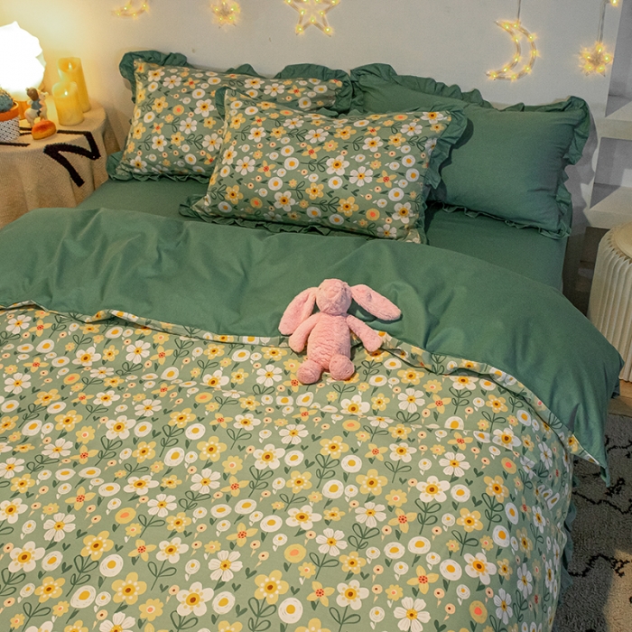 91家纺网 家纺一手货源 找家纺 琪格格 2022新款工艺款裙边全棉印花四件套 花艺绿