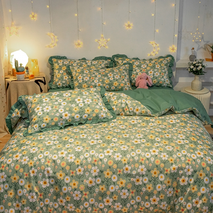 91家纺网 家纺一手货源 找家纺 琪格格 2022新款工艺款裙边全棉印花四件套 花艺绿