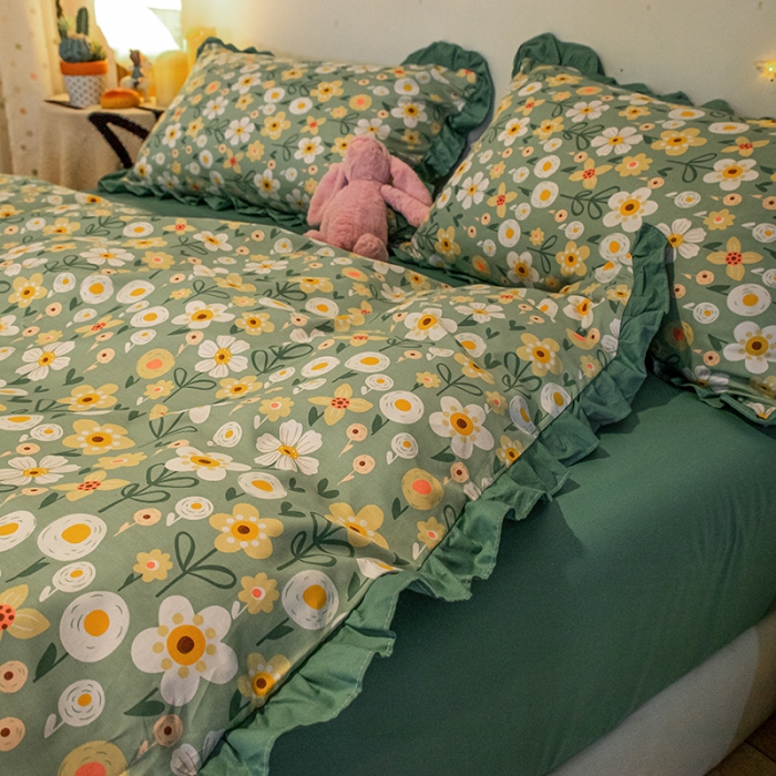 91家纺网 家纺一手货源 找家纺 琪格格 2022新款工艺款裙边全棉印花四件套 花艺绿