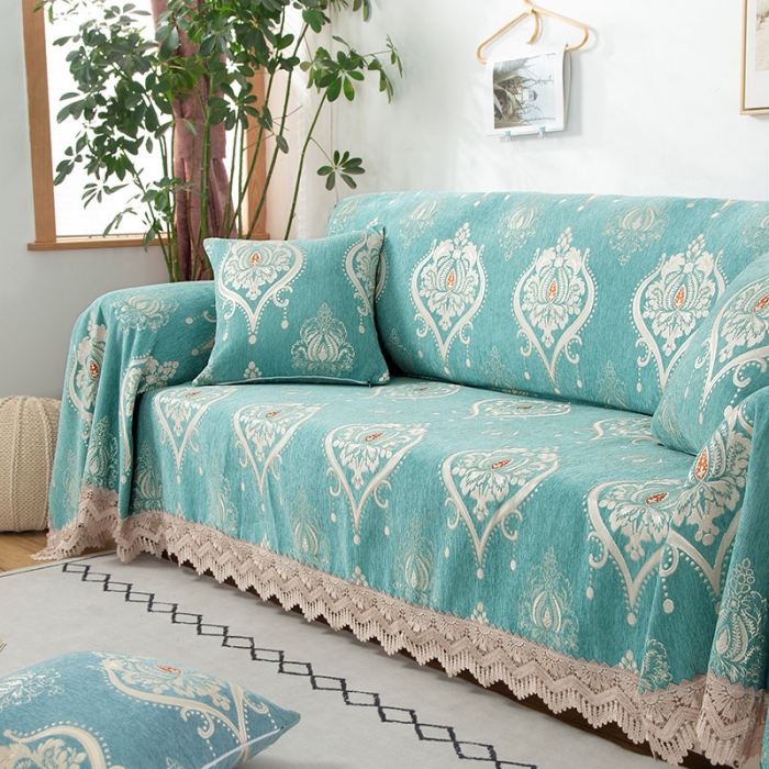 91家纺网 家纺一手货源 找家纺 启博 2022全盖雪尼尔沙发巾沙发垫沙发套沙发罩 水绿图腾