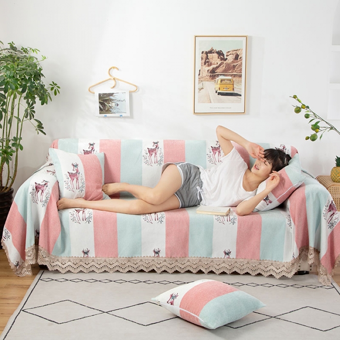 91家纺网 家纺一手货源 找家纺 启博 2022全盖雪尼尔沙发巾沙发垫沙发套沙发罩 粉蓝小鹿