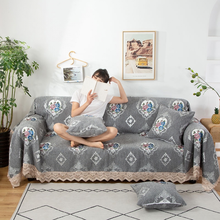 91家纺网 家纺一手货源 找家纺 启博 2022全盖雪尼尔沙发巾沙发垫沙发套沙发罩 花朵深灰