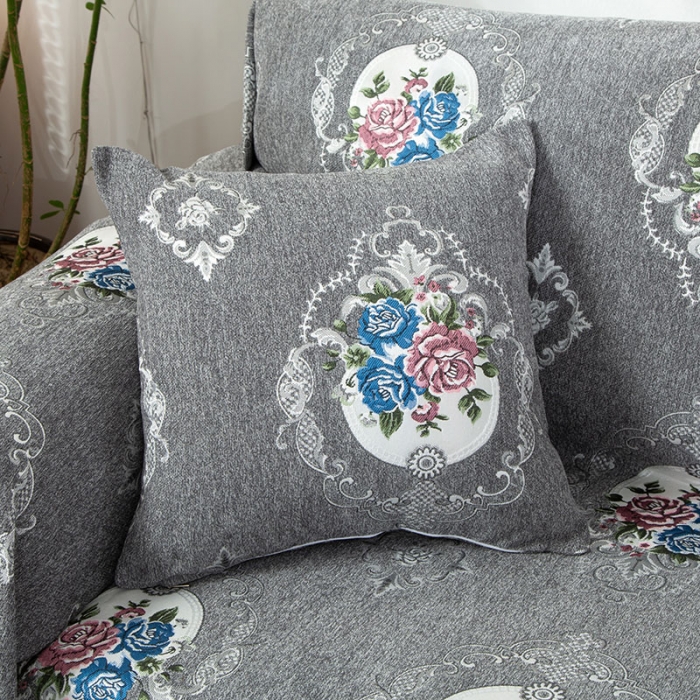 91家纺网 家纺一手货源 找家纺 启博 2022全盖雪尼尔沙发巾沙发垫沙发套沙发罩 花朵深灰