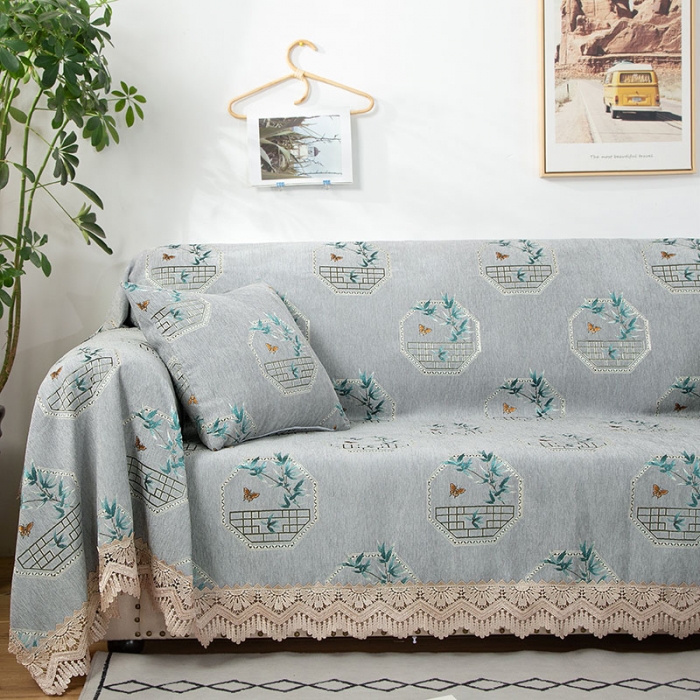 91家纺网 家纺一手货源 找家纺 启博 2022全盖雪尼尔沙发巾沙发垫沙发套沙发罩 清雅绿竹