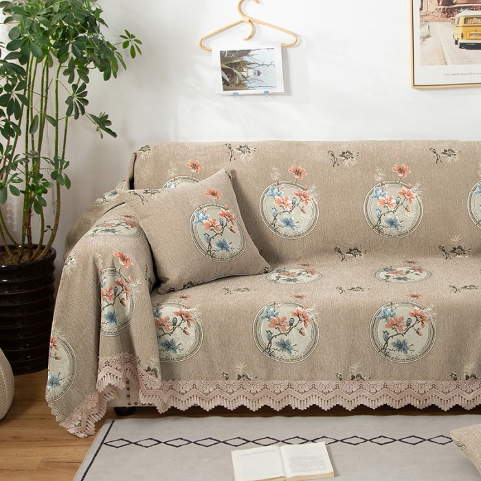 91家纺网 家纺一手货源 找家纺 启博 2022全盖雪尼尔沙发巾沙发垫沙发套沙发罩 梅上枝头-驼