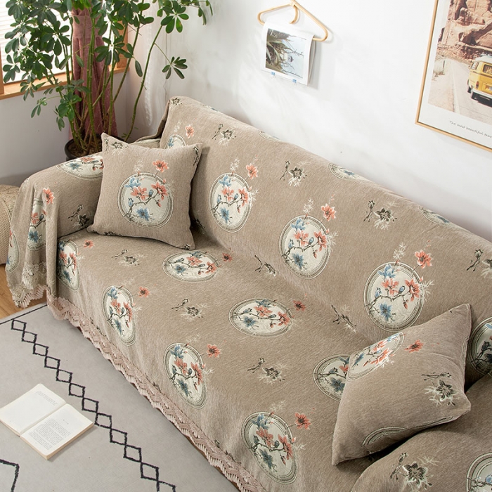 91家纺网 家纺一手货源 找家纺 启博 2022全盖雪尼尔沙发巾沙发垫沙发套沙发罩 梅上枝头-驼