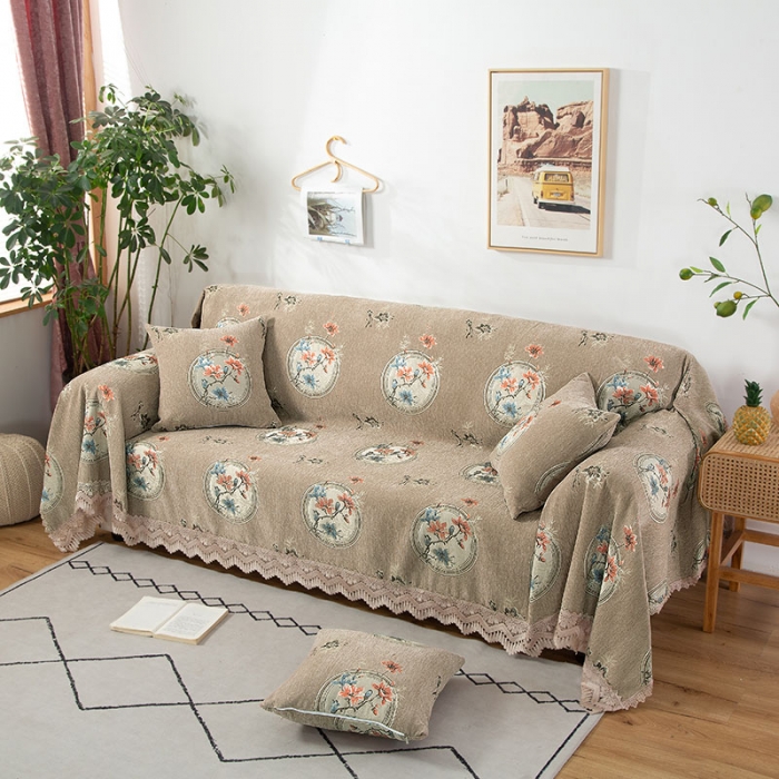 91家纺网 家纺一手货源 找家纺 启博 2022全盖雪尼尔沙发巾沙发垫沙发套沙发罩 梅上枝头-驼
