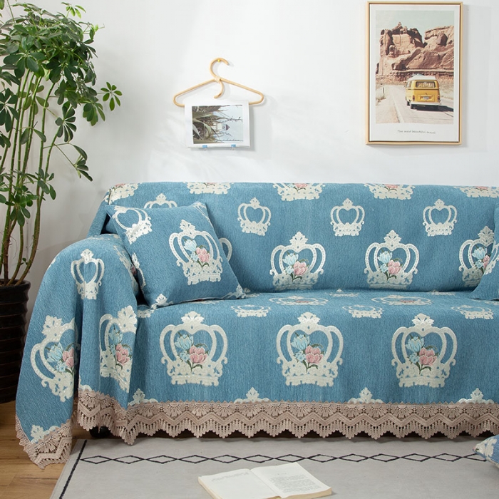 91家纺网 家纺一手货源 找家纺 启博 2022全盖雪尼尔沙发巾沙发垫沙发套沙发罩 蓝色皇冠