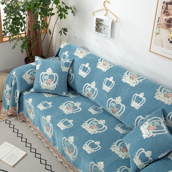 91家纺网 家纺一手货源 找家纺 启博 2022全盖雪尼尔沙发巾沙发垫沙发套沙发罩 蓝色皇冠