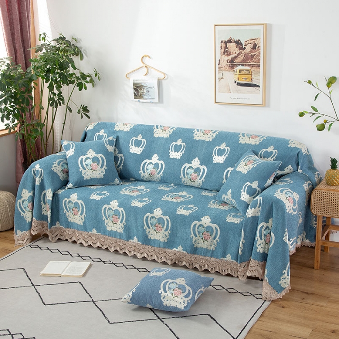 91家纺网 家纺一手货源 找家纺 启博 2022全盖雪尼尔沙发巾沙发垫沙发套沙发罩 蓝色皇冠