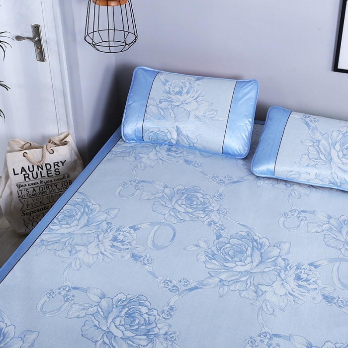 91家纺网 家纺一手货源 找家纺 能好家纺 2021新款提花冰丝席 花言蜜语蓝