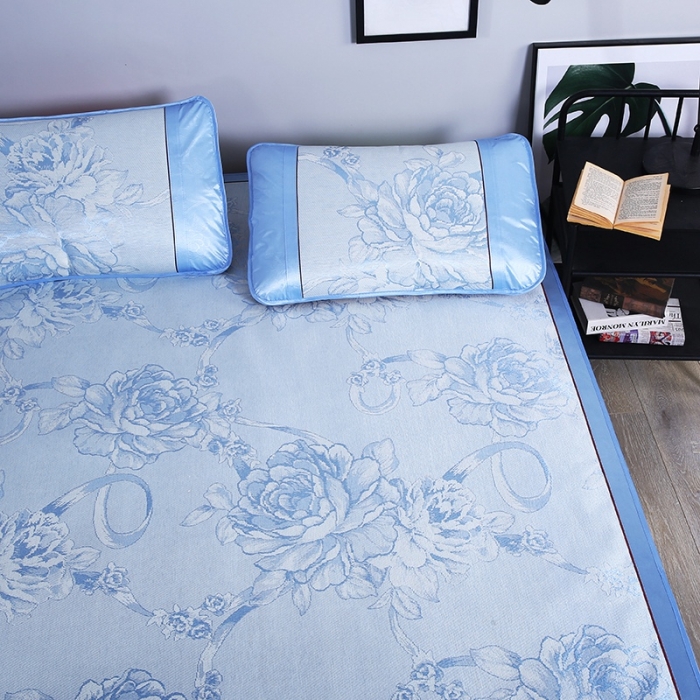 91家纺网 家纺一手货源 找家纺 能好家纺 2021新款提花冰丝席 花言蜜语蓝