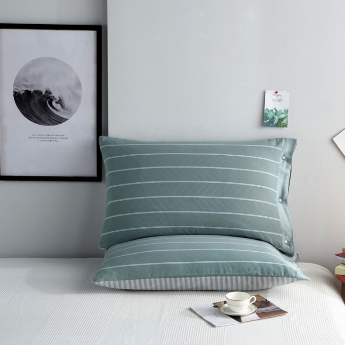 91家纺网 家纺一手货源 找家纺 纱布枕套纯棉情侣枕套全棉单人学生宿舍简约枕套一只好睡横条纹绿