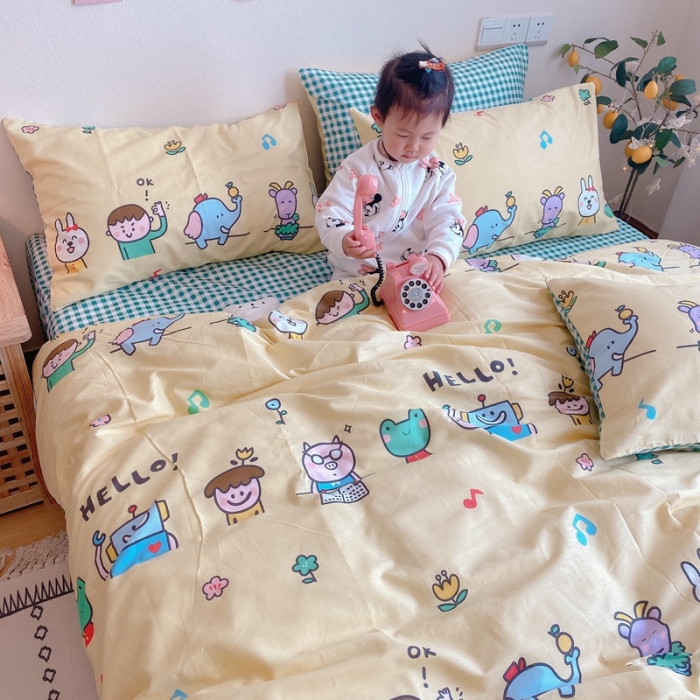 91家纺网 家纺一手货源 找家纺 沐棉 2020新款全棉13370四件套模特图 童乐园-黄