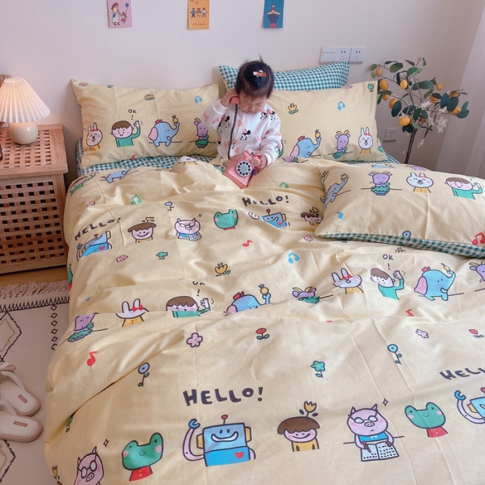 91家纺网 家纺一手货源 找家纺 沐棉 2020新款全棉13370四件套模特图 童乐园-黄