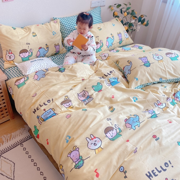 91家纺网 家纺一手货源 找家纺 沐棉 2020新款全棉13370四件套模特图 童乐园-黄