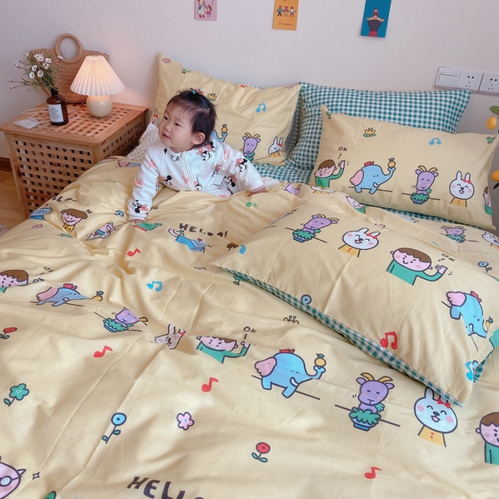 91家纺网 家纺一手货源 找家纺 沐棉 2020新款全棉13370四件套模特图 童乐园-黄