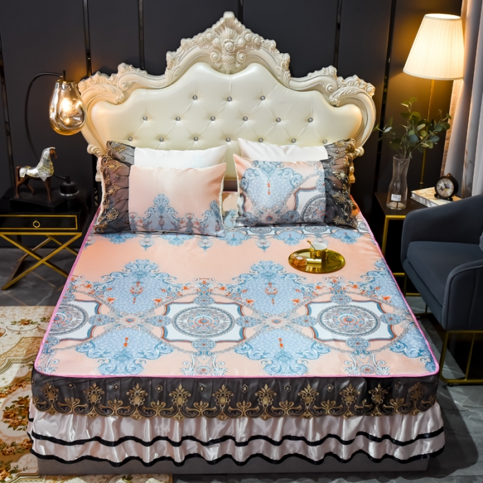 91家纺网 家纺一手货源 找家纺 ds生活馆 2021新款欧式床裙款凉席三件套 维纳斯粉