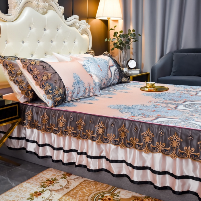 91家纺网 家纺一手货源 找家纺 ds生活馆 2021新款欧式床裙款凉席三件套 维纳斯粉