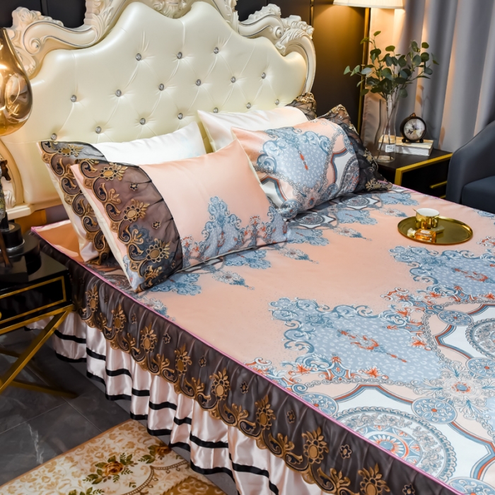 91家纺网 家纺一手货源 找家纺 ds生活馆 2021新款欧式床裙款凉席三件套 维纳斯粉