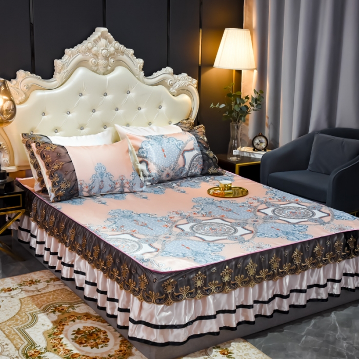 91家纺网 家纺一手货源 找家纺 ds生活馆 2021新款欧式床裙款凉席三件套 维纳斯粉