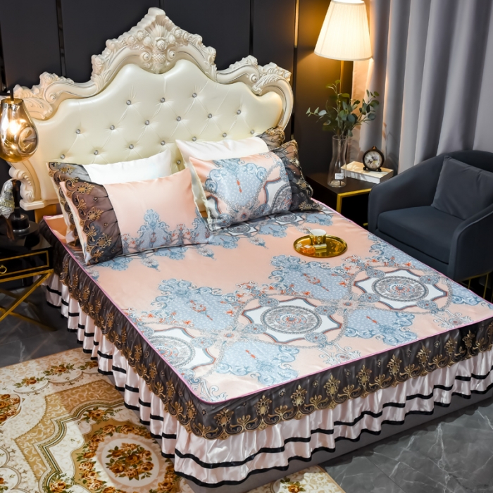 91家纺网 家纺一手货源 找家纺 ds生活馆 2021新款欧式床裙款凉席三件套 维纳斯粉