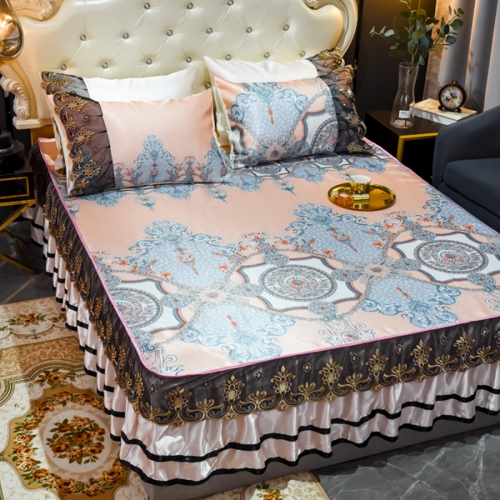 91家纺网 家纺一手货源 找家纺 ds生活馆 2021新款欧式床裙款凉席三件套 维纳斯粉