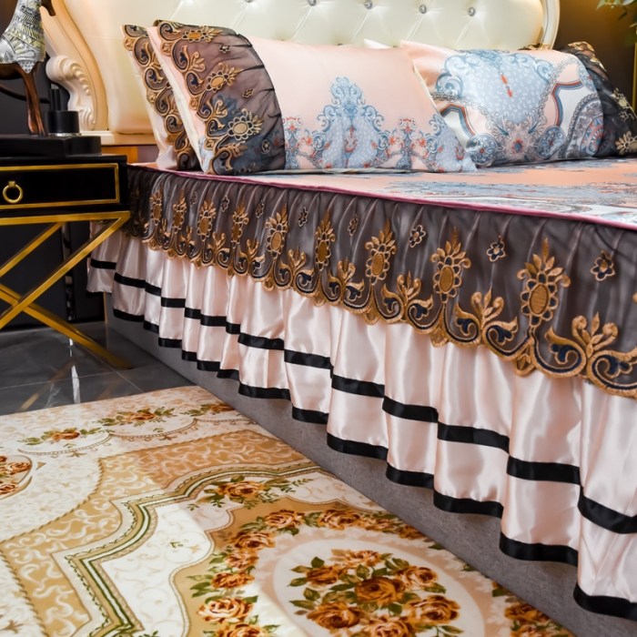 91家纺网 家纺一手货源 找家纺 ds生活馆 2021新款欧式床裙款凉席三件套 维纳斯粉