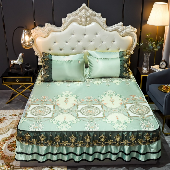 91家纺网 家纺一手货源 找家纺 ds生活馆 2021新款欧式床裙款凉席三件套 维纳斯绿