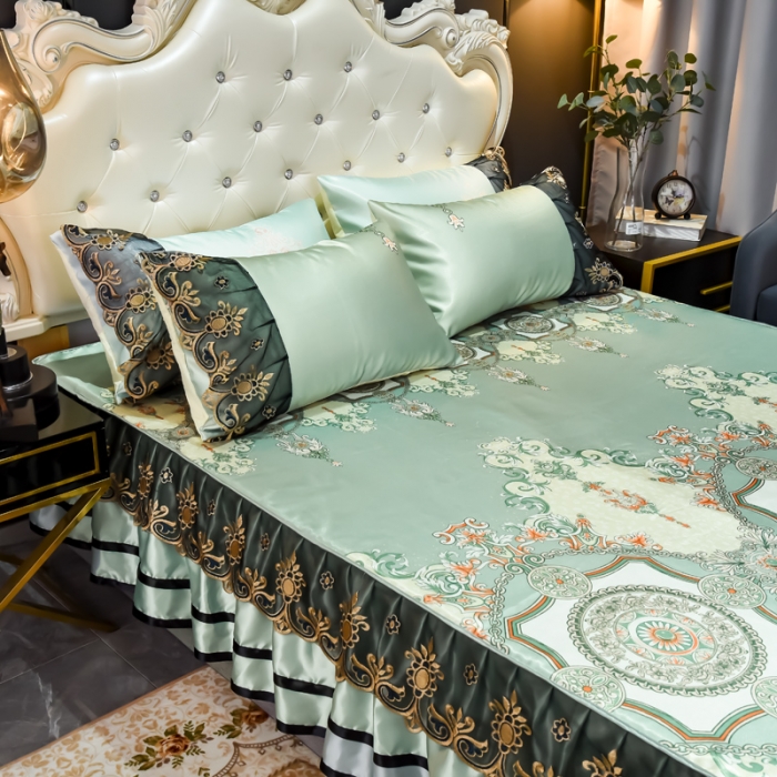 91家纺网 家纺一手货源 找家纺 ds生活馆 2021新款欧式床裙款凉席三件套 维纳斯绿