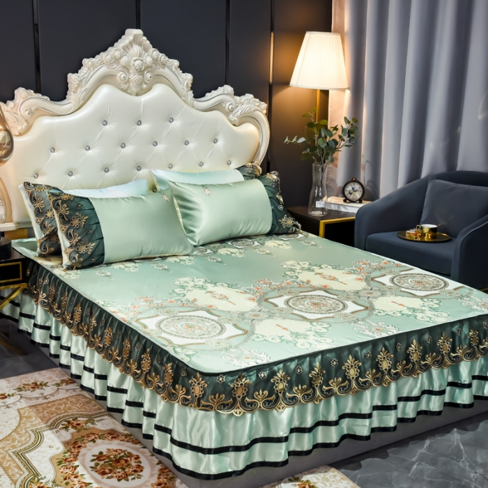 91家纺网 家纺一手货源 找家纺 ds生活馆 2021新款欧式床裙款凉席三件套 维纳斯绿