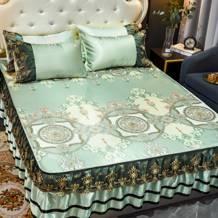 91家纺网 家纺一手货源 找家纺 ds生活馆 2021新款欧式床裙款凉席三件套 维纳斯绿